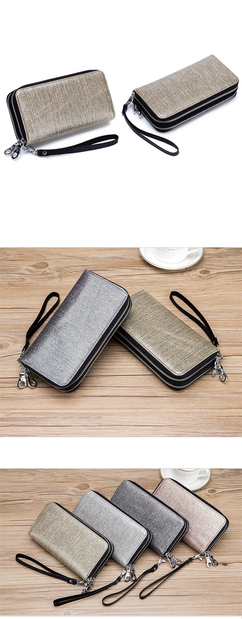 New Genuine Leather Double Zipper Wallet Ladies Long Large Capacity Women Clutch Bag Bling Wallet Phone Bag Card Holder