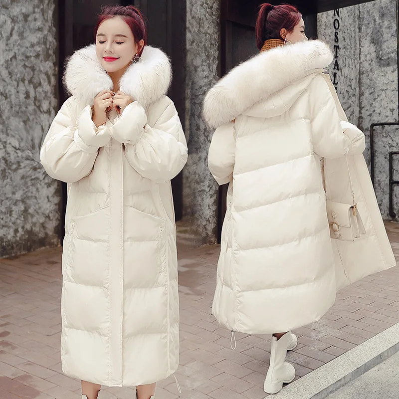 Down Jacket Women's Winter Long Sleeve Thick Mid-length Straight-Cut Zipper Hooded Cotton-padded Clothes White with Genuine