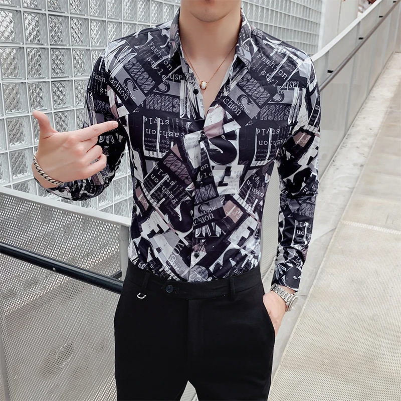Брендовая мужская рубашка Camisa, осень, рубашка с принтом, Мужская Уличная одежда с длинным рукавом, Повседневная приталенная рубашка, мужские вечерние рубашки