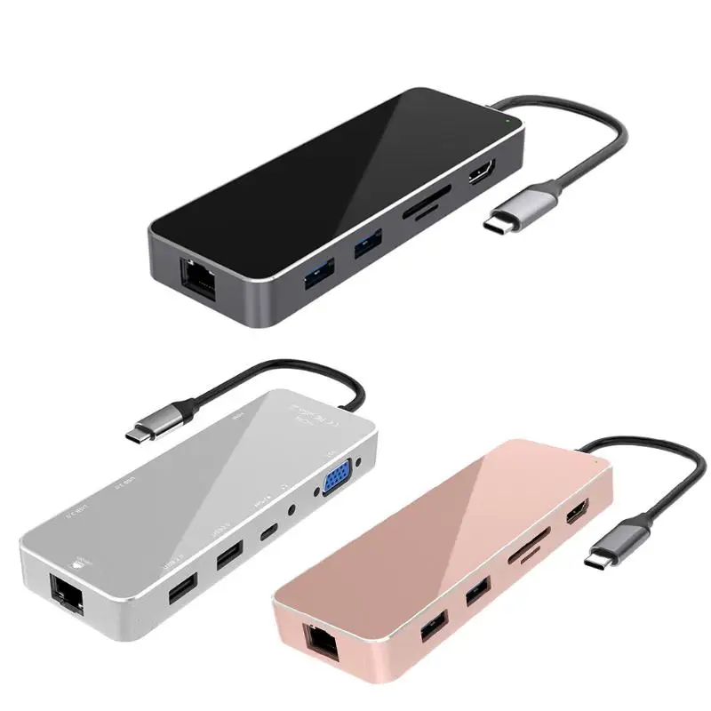 11-в-1 USB-C концентратор Многофункциональный Тип с разъемами типа C и HDMI/VGA/USB3.0/2,0/3,5 мм/TF-карта/RJ45/PD адаптер конвертер для WIN 7/8/10, MAC OS