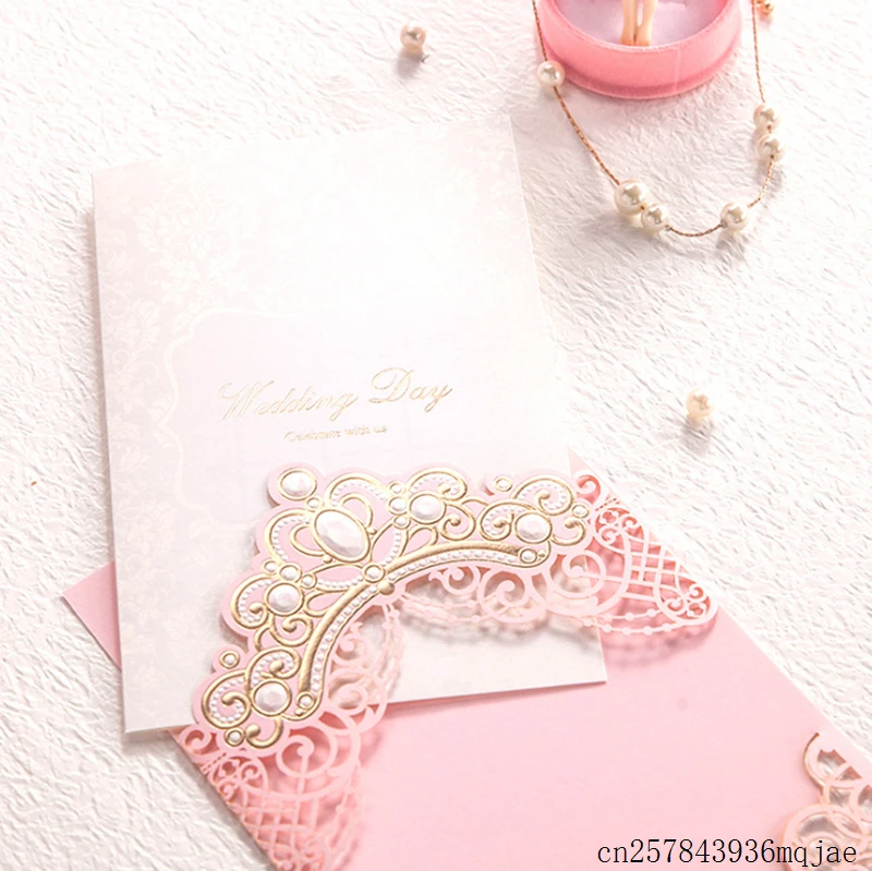 50 Sets Pink Wedding Invitations Cards with Gold Embossed Hollow Flora Design Cards for Wedding Decor Bridal Shower