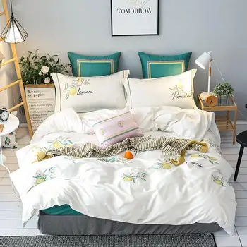 

42 Lemon embroidery Egyptian Cotton Bedding set Queen King size Bed set Duvet cover Bedheets set Bed cover Pillowcase