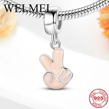 

New 925 Sterling Silver Victory gesture Pink Enamel Pendant beads Fit Original European Charm Bracelet Friendship Jewelry making