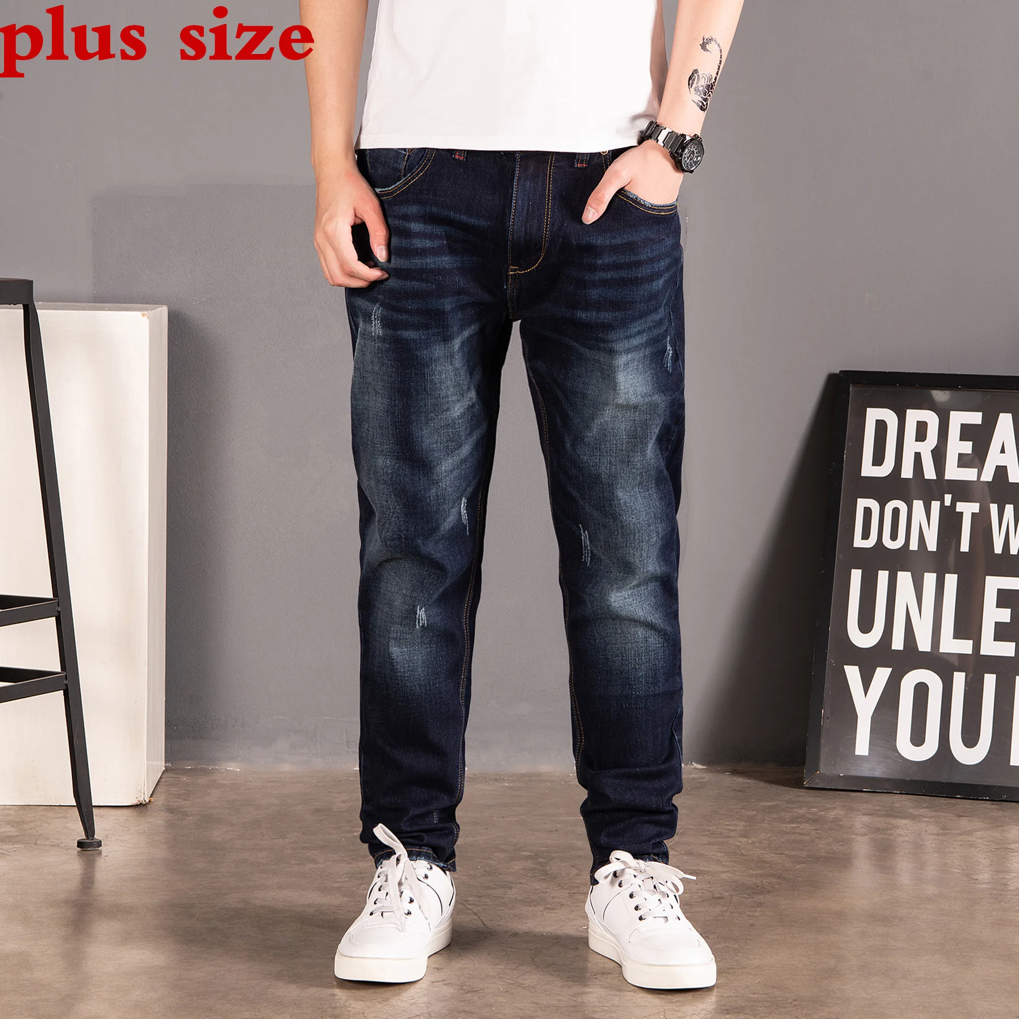 

2019 new Plus Size 46 44 42 40 Jeans Men Loose Trousers Spring Autumn Jeans Pants Elasticity Straight Stretch