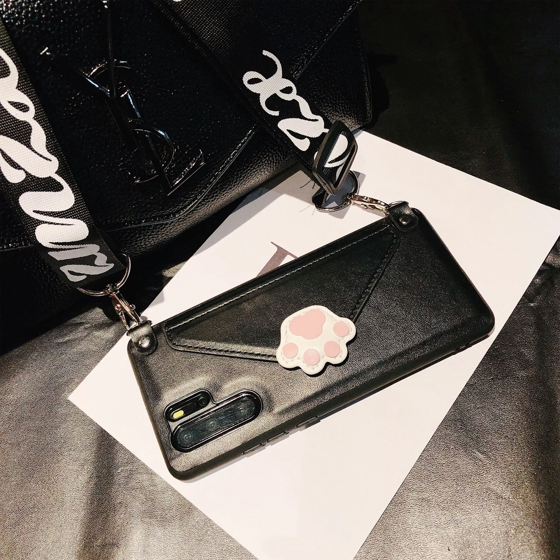 Claw Black WithStrap Чехол-Кошелек с кошкой и когтями для iPhone XS MAX XR X 8 7 6S Plus samsung S10 S9 с отделением для карт+ ремешок - Цвет: Claw Black WithStrap