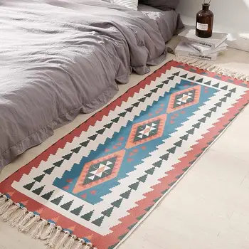 

Retro Geometric Carpet Tassel Bedside Rug Bohemian Hand Woven Cotton Linen Floor Mat Living Room Bedroom Kids Home Decoration