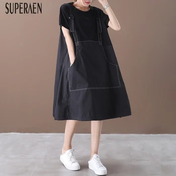 

SuperAen New Summer Women 2020 Korean Style Pluz Sized Casual Ladies Dress Short Sleeve Solid Color Women Clothing