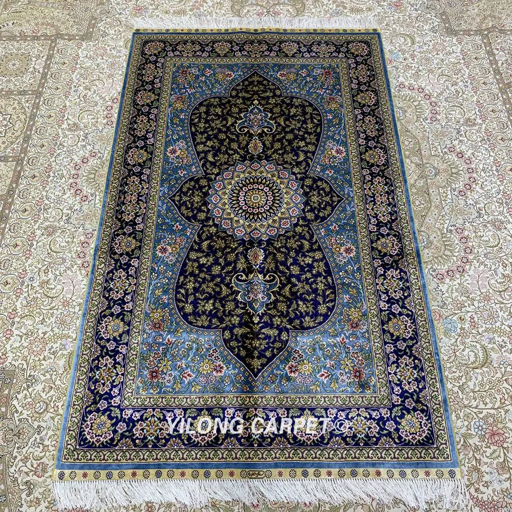 Yilong 3'x5' синий ручной работы Традиционный персидский ковер турецкий медальон шелковый ковер(ZQG371A