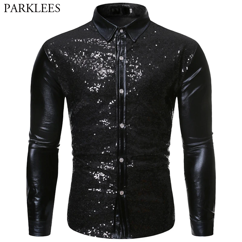 Shiny Gold Sequin Men Shirt Metallic Glitter Mens Party Dance DJ Shirts Stylish Night Club Long Sleeve Shirt Men Camisas Hombre