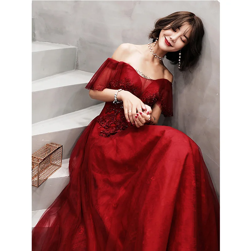 burgundy It's Yiya вечернее платье вырез лодочка, аппликация вышивка А-силуэта платья Элегантный с открытыми плечами халат de Soiree плюс размер E1299 - Цвет: burgundy