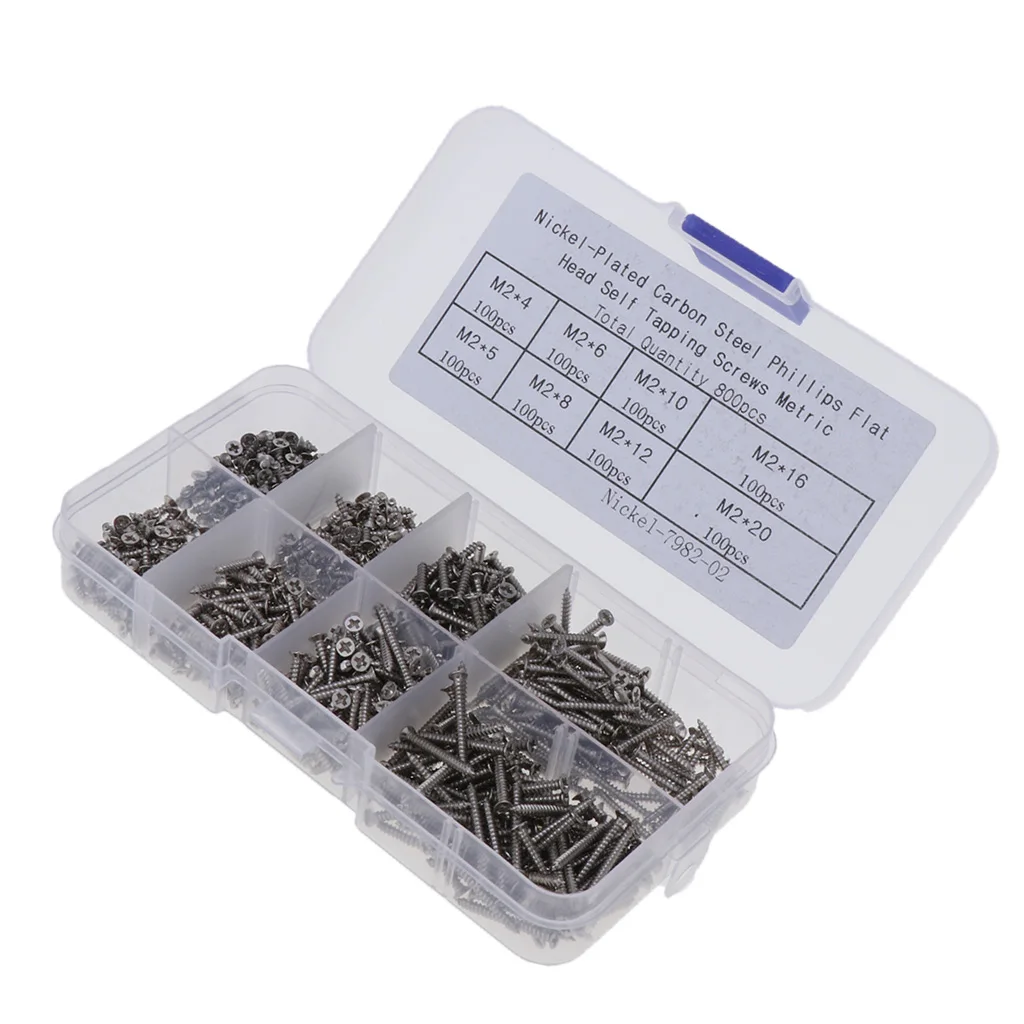 800Pcs M2 Assorted Cross Phillips Pan Head Self Tapping Screws Set With Box