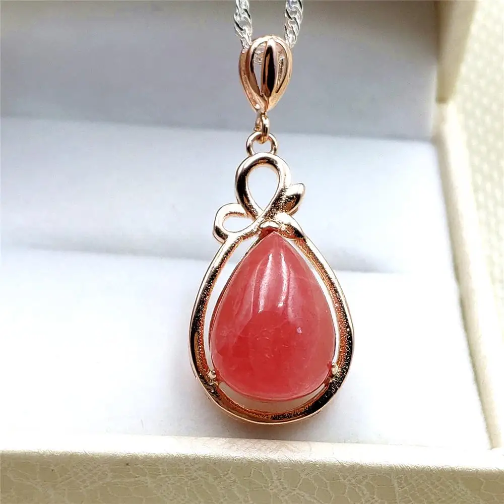 

100% Natural Ice Red Rhodochrosite Necklace 28x17mm Pendant Water Drop Stone Women Men Rose Gold Love Reiki Gift AAAAA