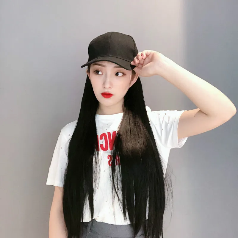

XNaira Long Straight Hat Wig Synthetic Curly Black Wigs Baseball Cap Hair Wigs Connect Synthetic Wig Hat Adjustable For Women