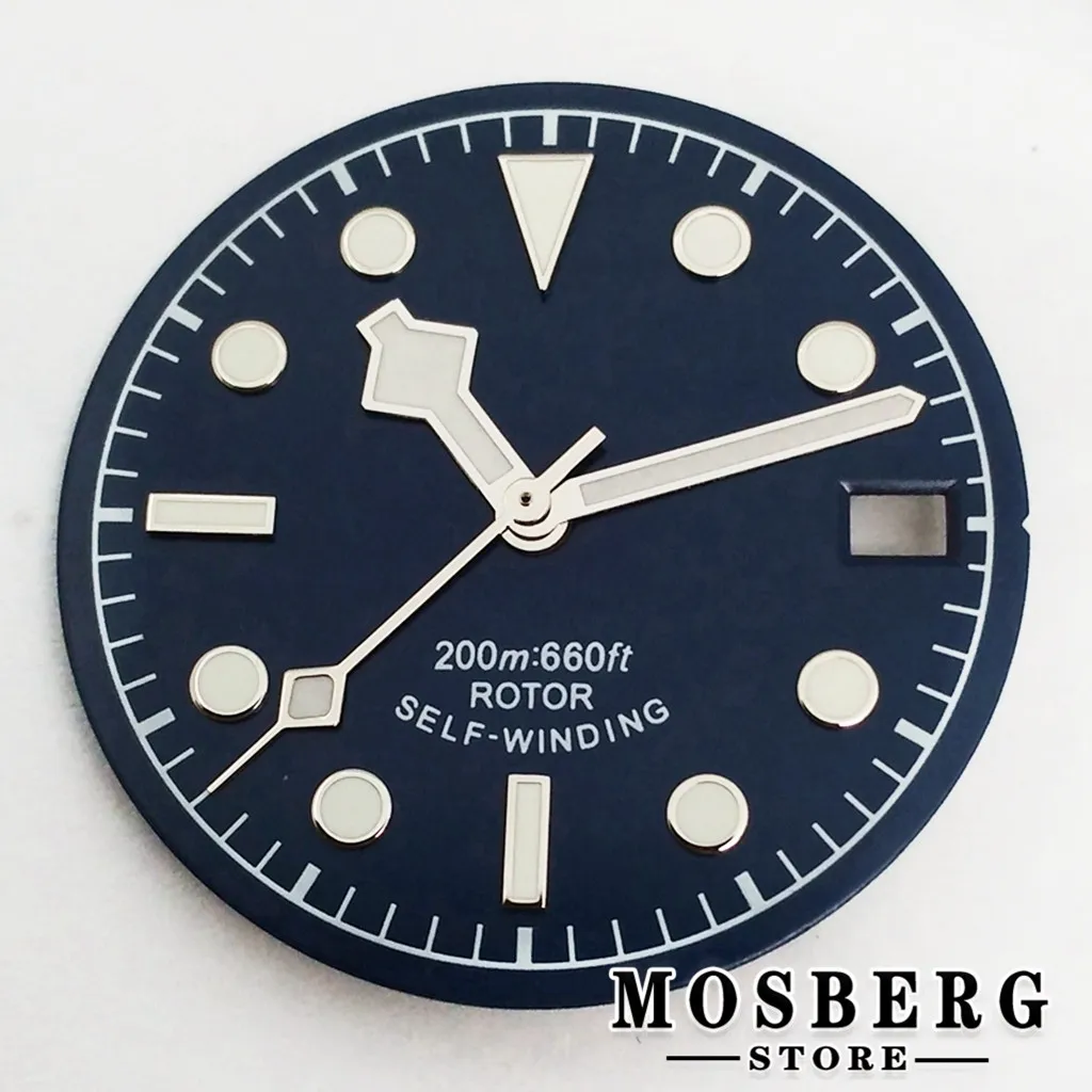 Sterile Luminous Black and Green Watch Dial with Date Window and Hands - 28.5mm