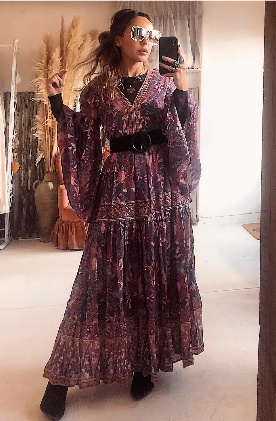 BOHO INSPIRED purple floral dress women V-neck long sleeve dress maxi chic gypsy boho dress summer dress new vestidos