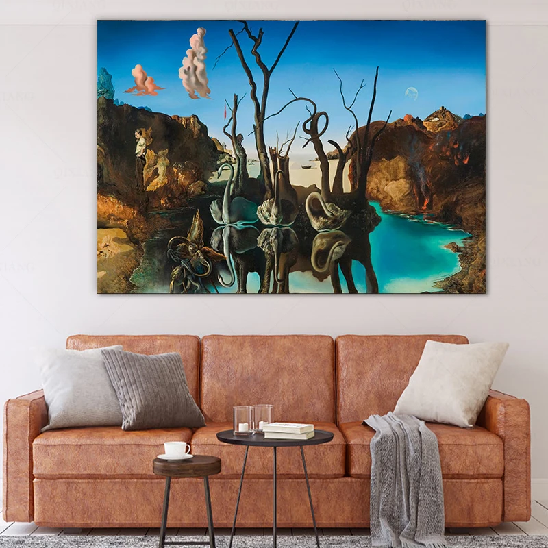Salvador Dali Swans Reflecting Elephants Background