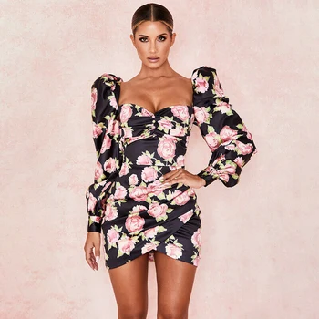 

Long Sleeve Sexy Bodycon Dress Women 2020 Club Spring Fashion flower Print Square Neck Black Woman Mini Dress Autumn