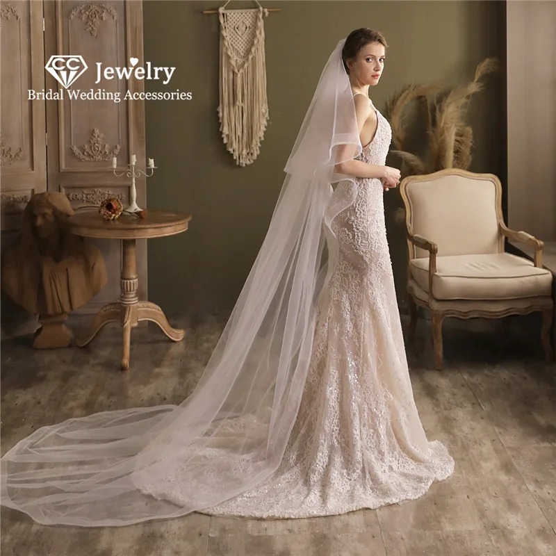 CC Long Veils Wedding Accessories Women Hairwear Engagement Hair Ornaments Cathedral Veil Tulle Double Layer Simple Design V832 | Свадьбы и
