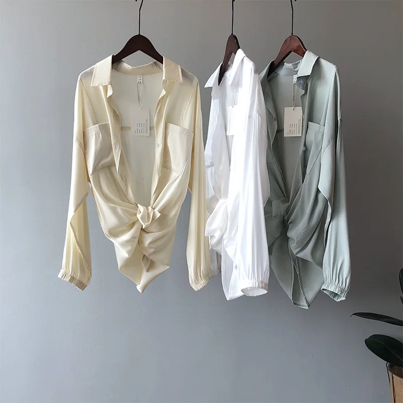 

HXJJP 2020 Summer New Korean Version Sun Protection Clothing Blouses Loose Light and Long-sleeved Blouses In Pure Color Shirts
