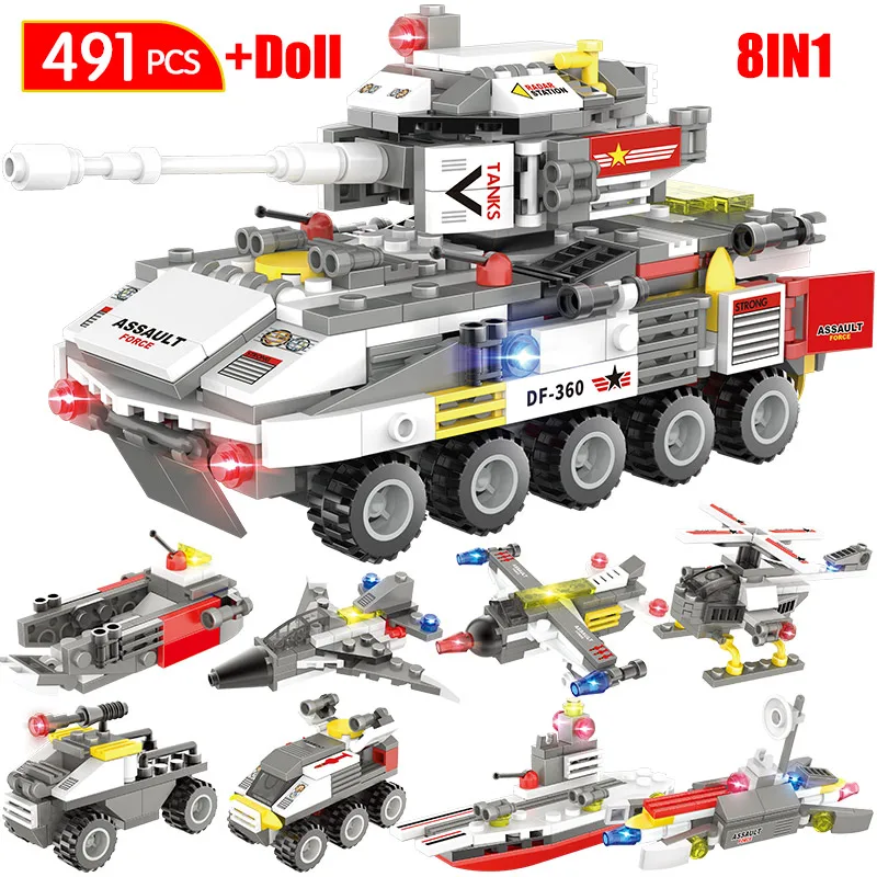  491pcs DIY Wheeled Armored Tank Model Building Blocks Legoingly Military Aircraft Car Turck Soldier