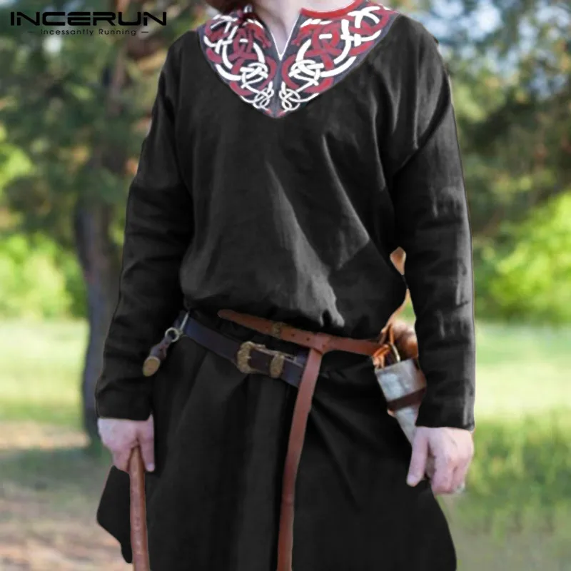 INCERUN Men Retro Shirts Long Sleeve Printed Vintage Casual Shirts Men Cosplay Long Tops