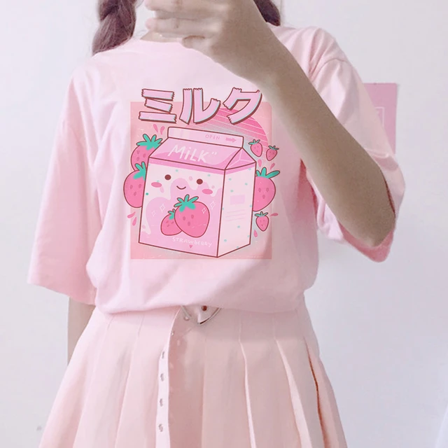 Strawberry Print Cute Pink Girl Aesthetic Graphic T Shirt Korean Style Tees  Harajuku Summer Fashion Women T-shirt Kawaii Clothes - T-shirts - AliExpress