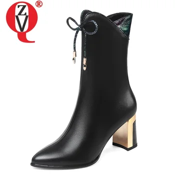 

ZVQ winter new fashion sexy mid calf boots outside high heels pointed toe genuine leather plus size women shoes drop shipping
