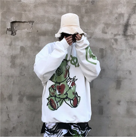 NiceMix Autumn Punk Hoodies Women Cool Print Sweatshirt Korean Harajuku Sweatshirt Black Winter Japan Doodling Hoodie Streetwear