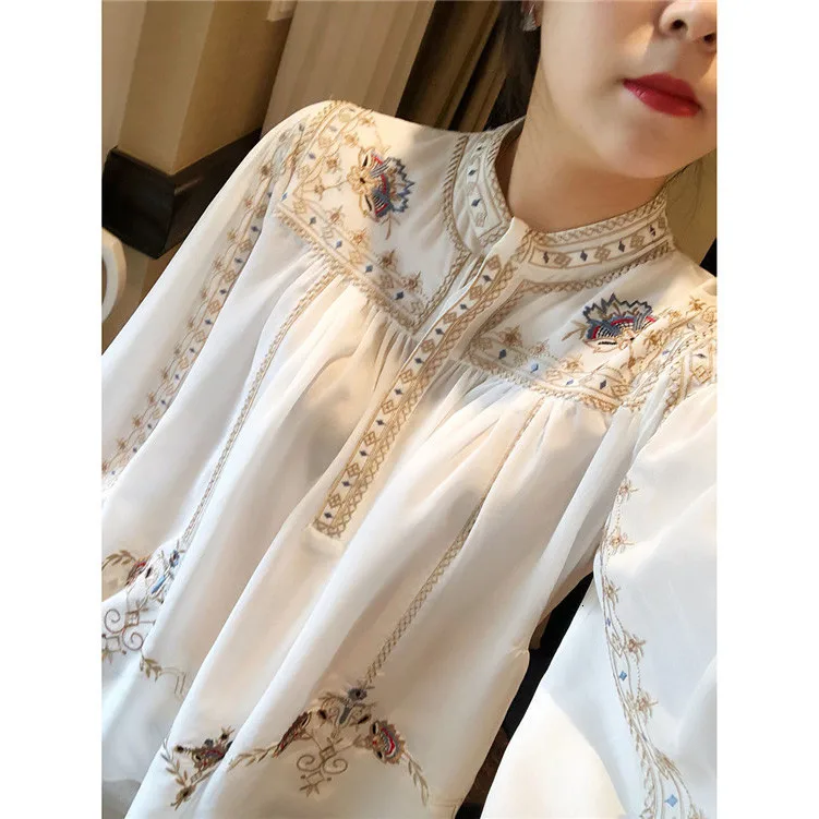 TVVOVVIN Indie FolK Nation Style Embroidery Floral Shirt Woman Lantern Sleeve Chiffon Shirt Long Latern Sleeve Shirt ZX131