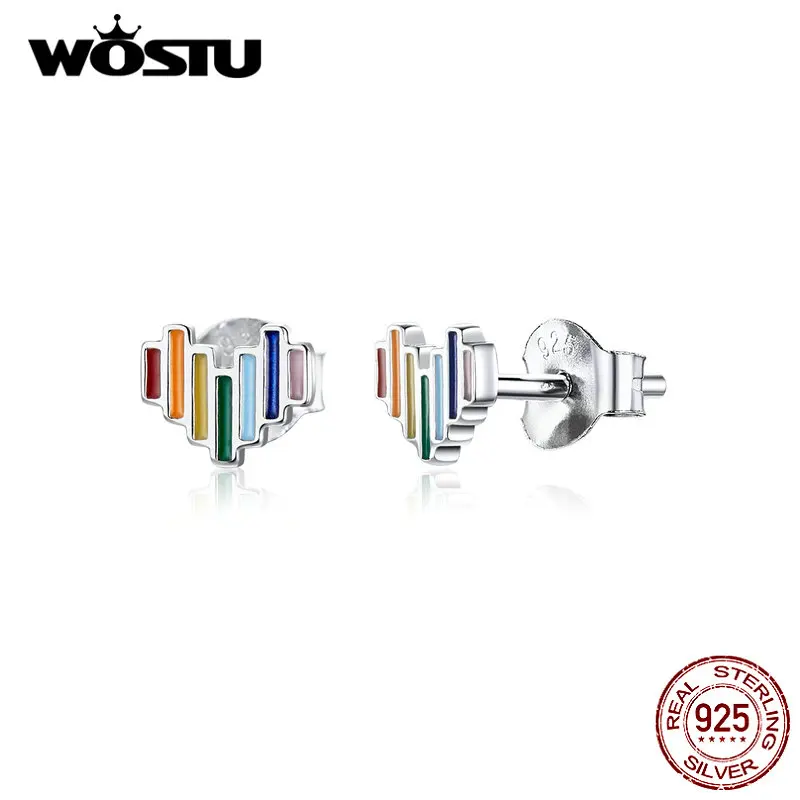 WOSTU подлинные 925 пробы серебряные радужные серьги в форме сердца для женщин Новые Красочные Модные украшения для свадебного подарка DXE787