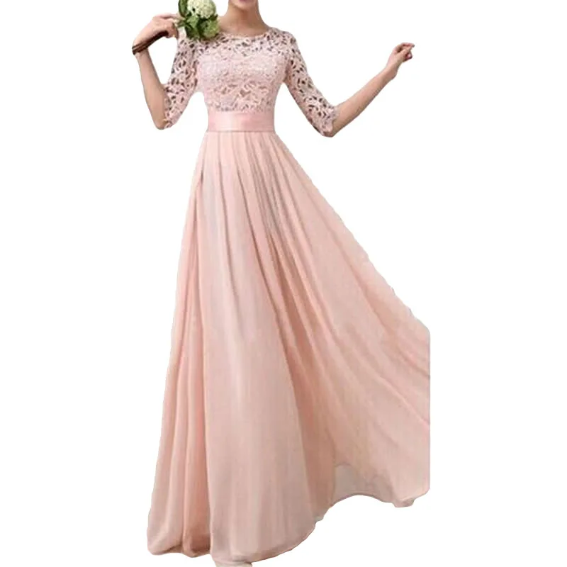 Женское платье кружевное шифоновое, с рукавами до локтя тонкий макси длинное платье в пол, элегантное платье принцессы для Вечеринка цельное платье - Цвет: Розовый