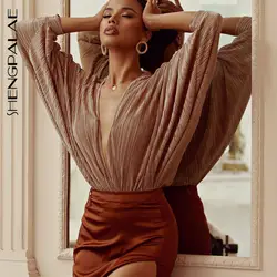 SHENGPALAE винтажный плиссированный свободный сексуальный глубокий халат с v-образным вырезом женский модный Одноцветный Осенний комбинезон с