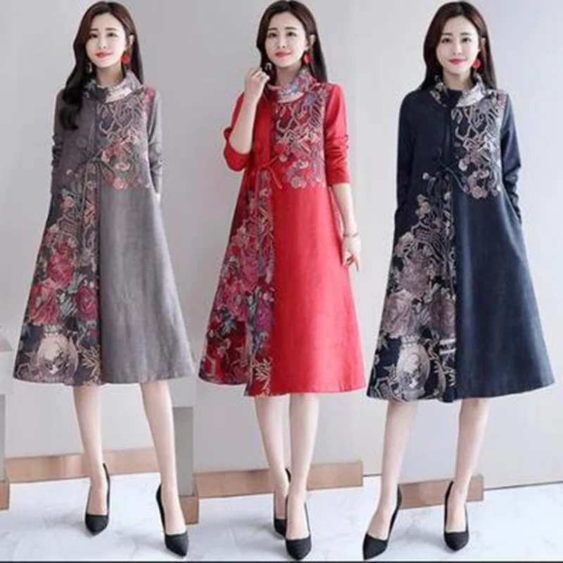 

2019 new autumn fake two-piece suede print women's dress loose high-neck long-sleeved dress high quality fashion elegant Vestido