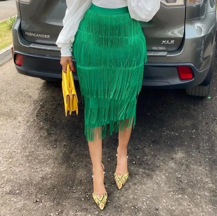 Женские юбки длиной до колена Aso Ebi зеленые многослойные с кисточками и высокой