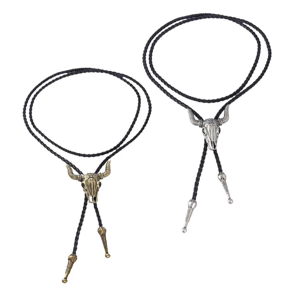 Western Texas Longhorn Buffalo Steer Cow Skull Leather Rodeo Bolo Tie Necktie for Men