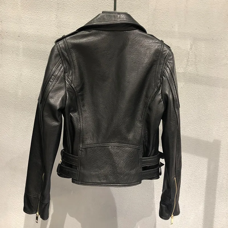 Moto Biker Women Luxury Sheepskin Real Leather Short Jacket Buckle Punk Coat Vintage Outerwear Slim Fit Genuine Leather Chaqueta