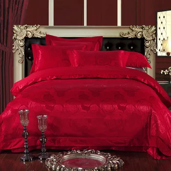 

Papa&Mima Red Roses Satin Silk Cotton Linens Jacquard Bedding Set Queen King Size Wedding Red Sheet Duvet Cover Pillow Sham