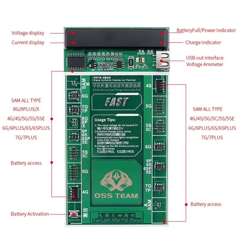 W208A+ батарея смартфона Быстрая зарядка и активированная плата 2 в 1 Тестовый Кабель для Iphone X 7 6 6S Plus 5 5S 5C Se 4 4S