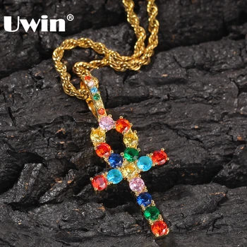 

UWIN Rainbow Mix-colored Ankh Cross Charm Necklace Paved Iced Out AAA Cubic Zirconia Chain Women Hiphop Jewelry Pendant