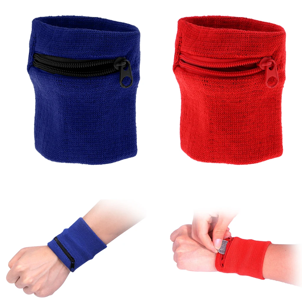 2 шт Открытый спортивный браслет напульсник кошелек с молнией(Королевский синий+ красный