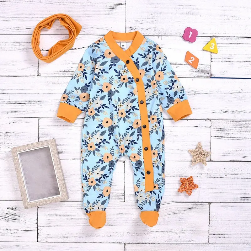 Infant Baby Clothes Girls Rompers Cotton Flower Pattern Infant Long Sleeve Bodysuit+Headband Newborn Romper Set