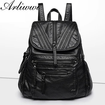 

Arliwwi Brand Designer Black PU Leather Backpack Bags Female Soft Casual Stylish Backbag P005