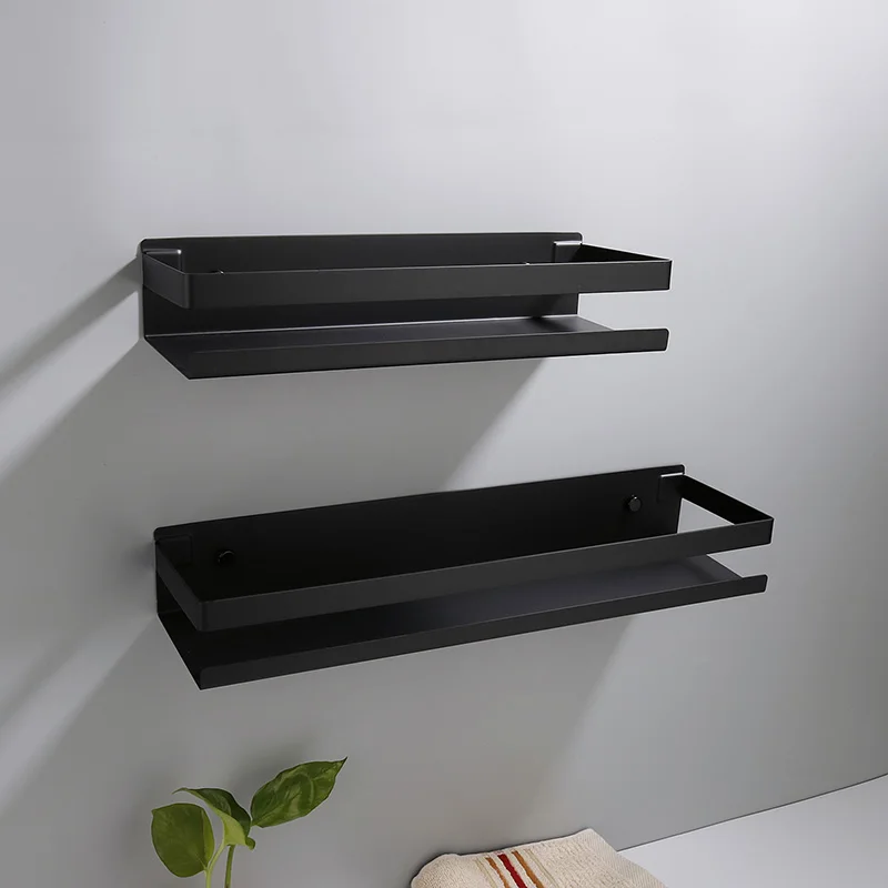 Stainless Steel Bathroom Shelf Black Shower Shampoo Storage Rack Adhesive Suqare Kitchen Bathroom Shlef 20cm 30cm 40cm 50cm