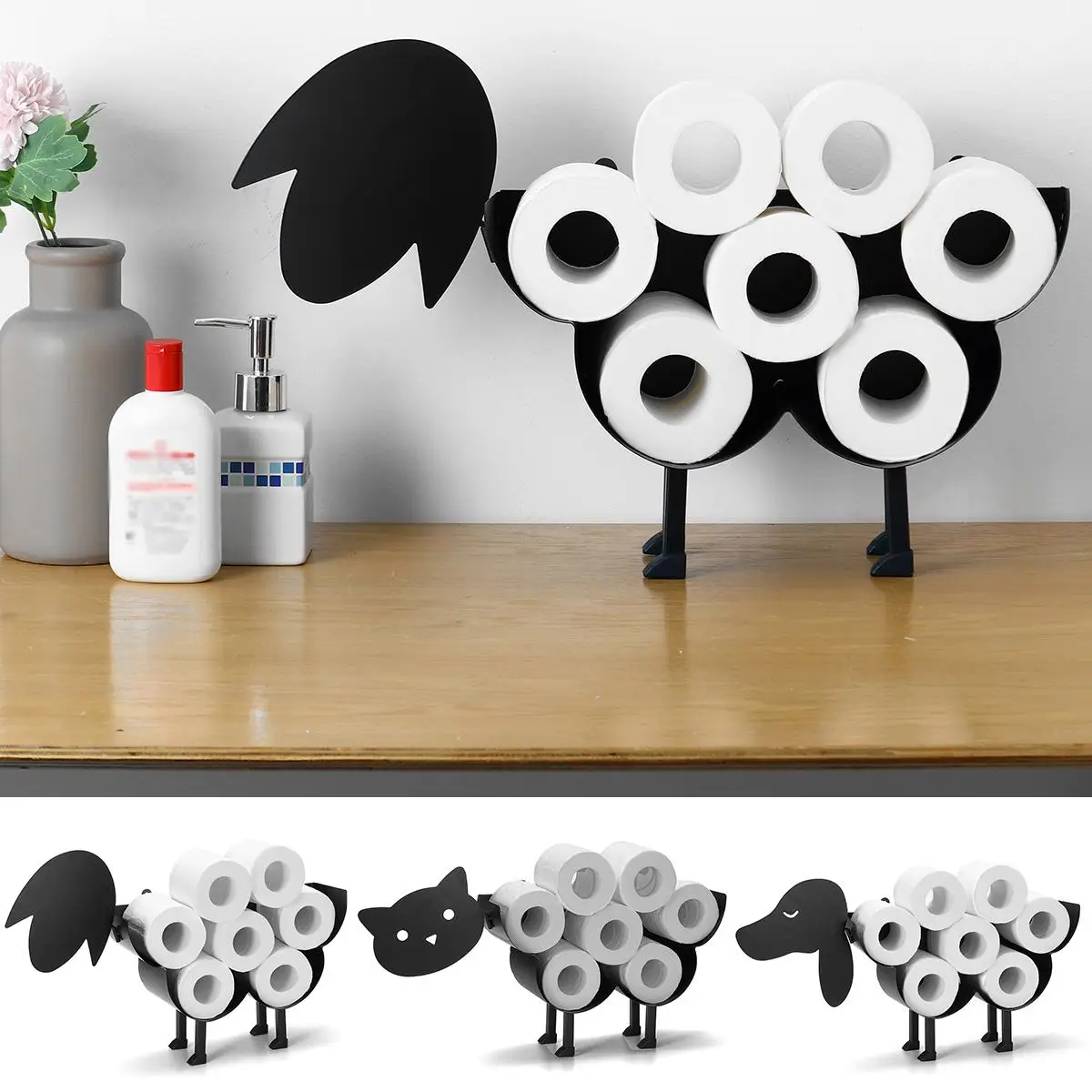 Portarrollos de baño de papel de oveja negra para perros y gatos