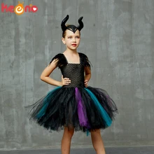 Костюм злой королевы Малефисента для девочек; маскарадный костюм ведьмы на Хэллоуин; нарядное фатиновое платье-пачка с рогами; детская одежда для дня рождения