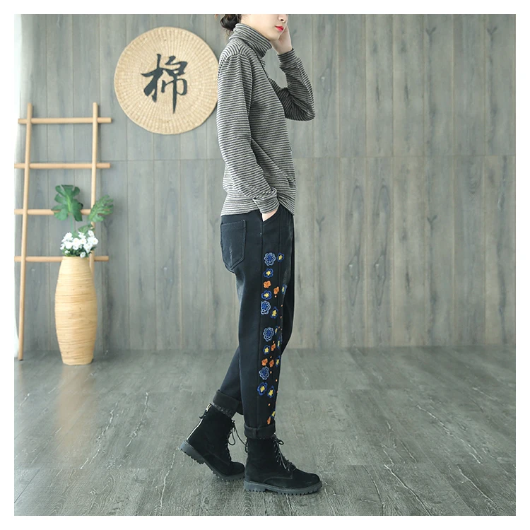 Новые свободные женские джинсы с эластичным поясом Vintag женские гаремные брюки с вышивкой стрейч джинсовые штаны женские джинсы