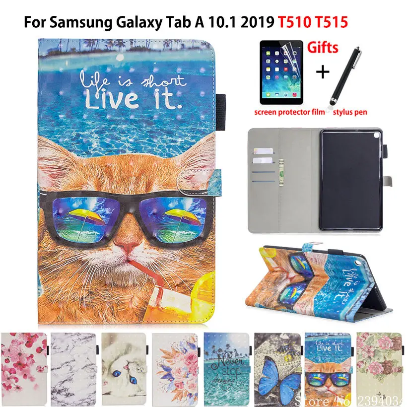 

Case For Samsung Galaxy Tab A 10.1 2019 T510 T515 SM-T510 SM-T515 Cover Funda Fashion 3D Pattern PU Leather Stand Shell +Gift