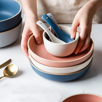

Free shipping Nordic Ceramic 4 Person Use Dinner Set Morandi Color Dishes Cutlery Set Plates