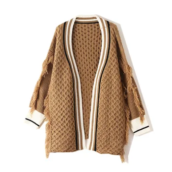 

Autumn Winter Sweater Geometric Tassel Cardigan Women Loose V-neck Long Sleeve Sweater Women Retro Knitted Tops TA1094