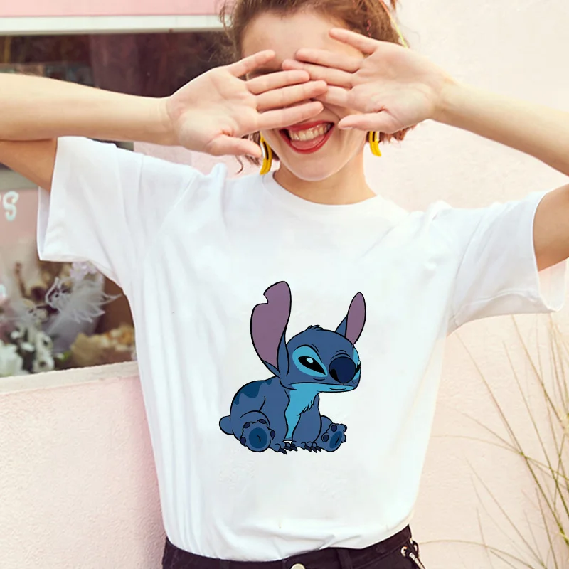 Эффектная Женская модная футболка Lilo Stitch Harajuku Kawaii, Женская Повседневная футболка с коротким рукавом и милым рисунком, милые футболки
